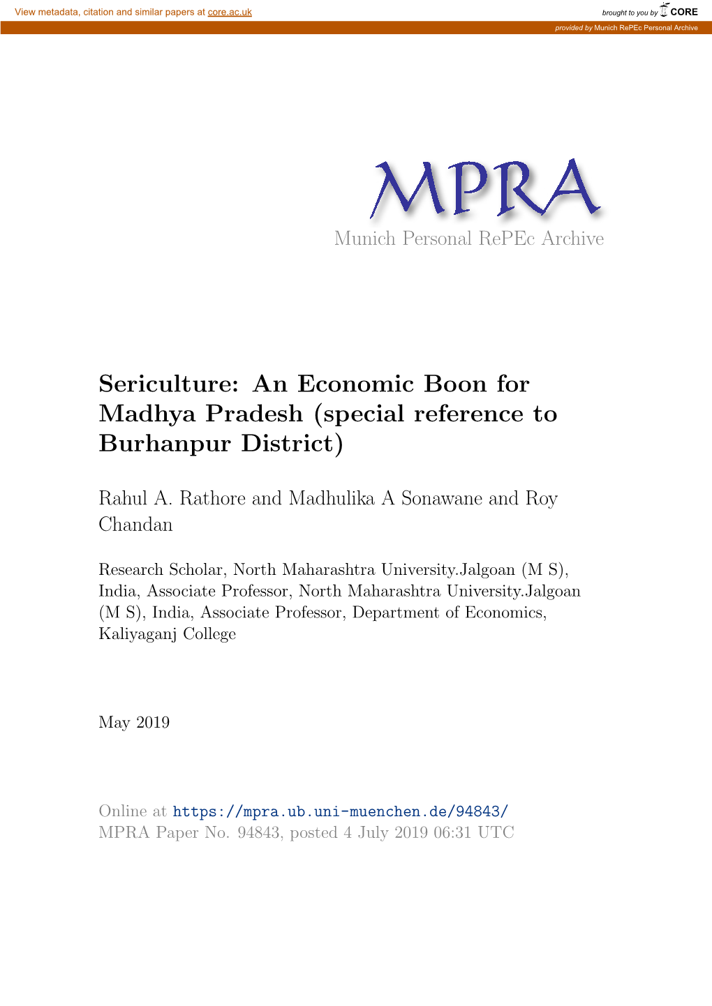 Sericulture: an Economic Boon for Madhya Pradesh (Special Reference to Burhanpur District)