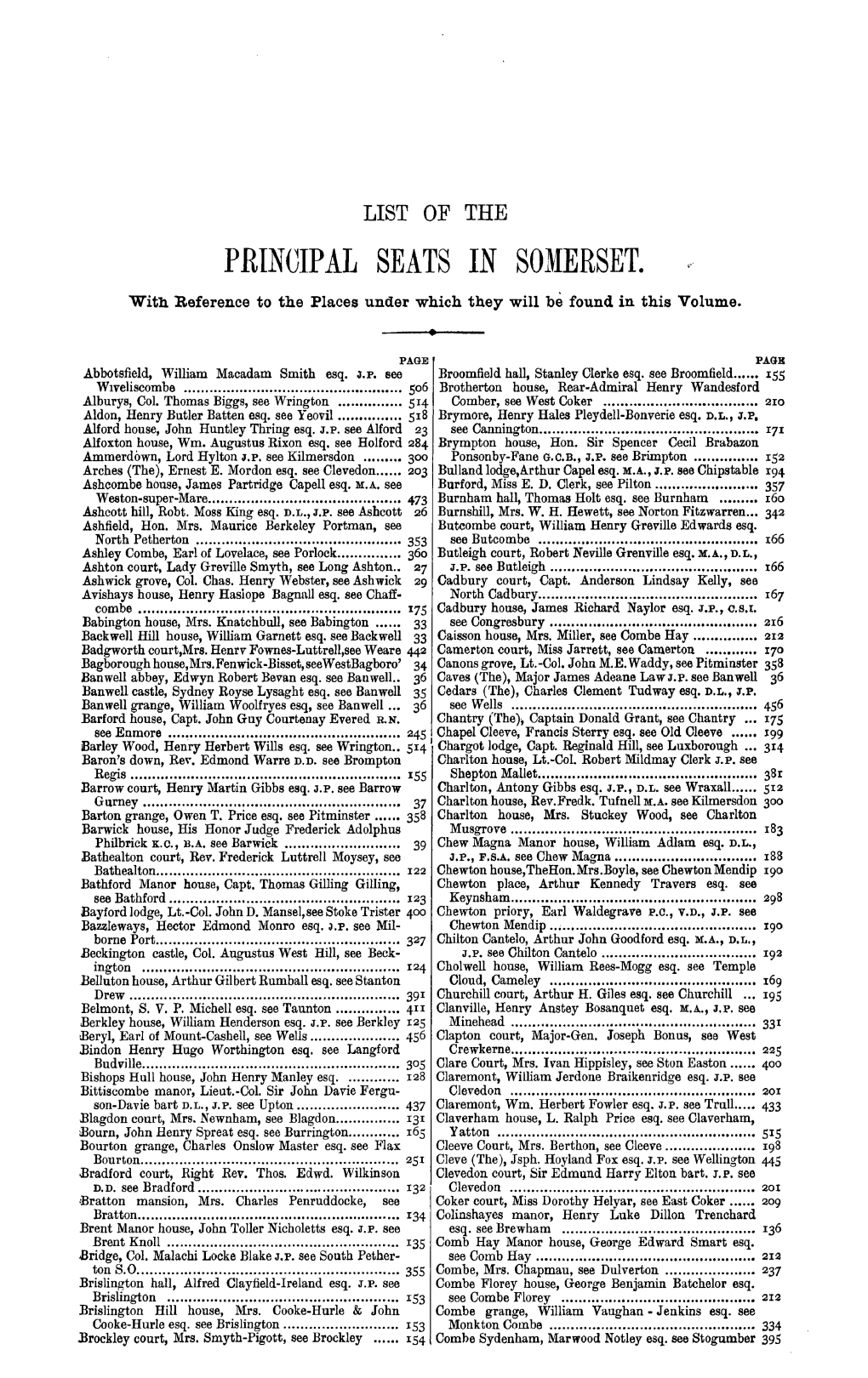 List of the Principal Seats in Somerset