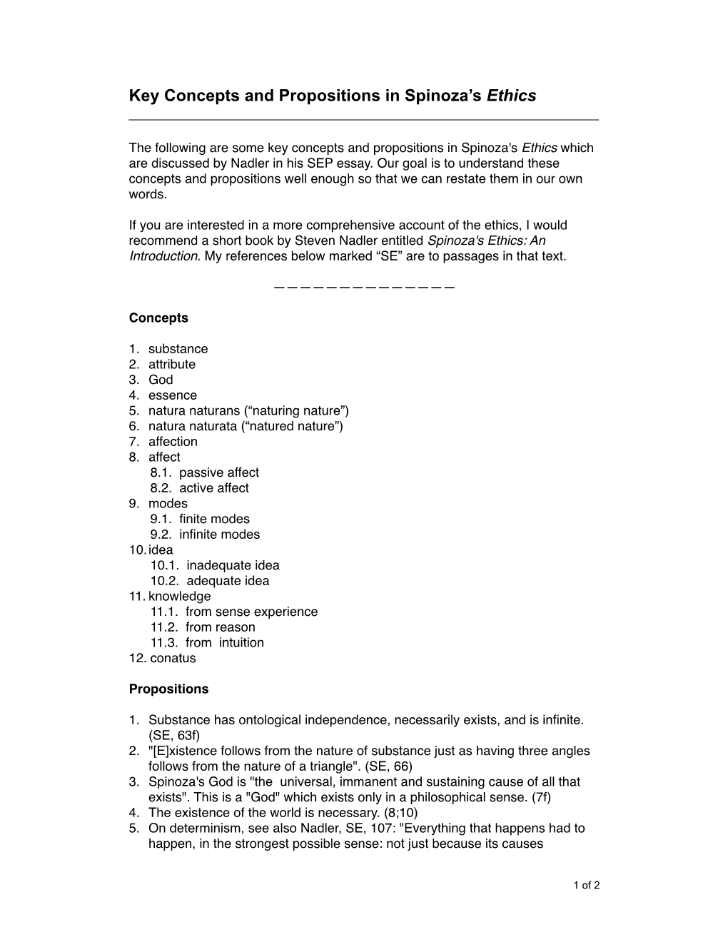 Key Concepts and Propositions in Spinoza's Ethics Which Are Discussed by Nadler in His SEP Essay