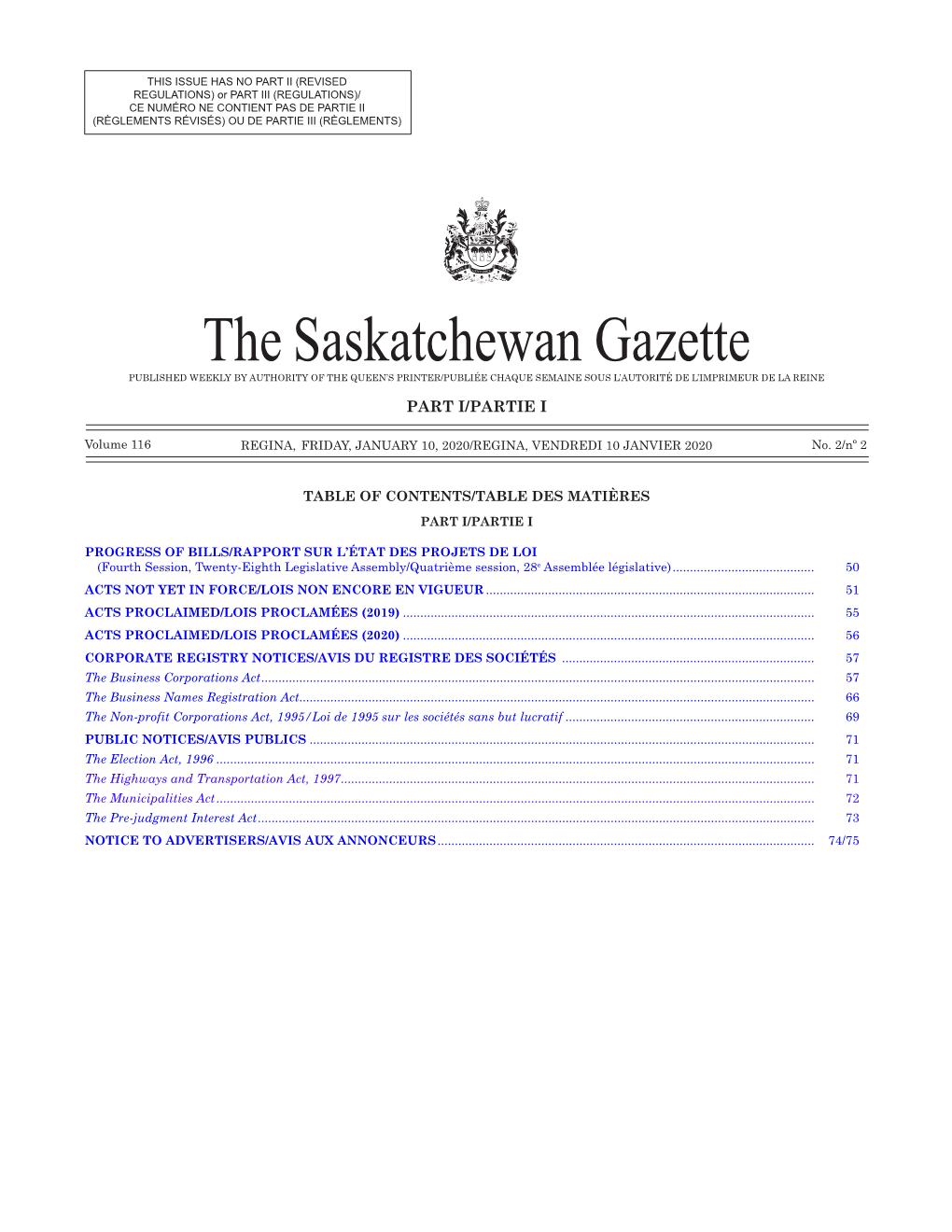 Gazette Part I, January 10, 2020