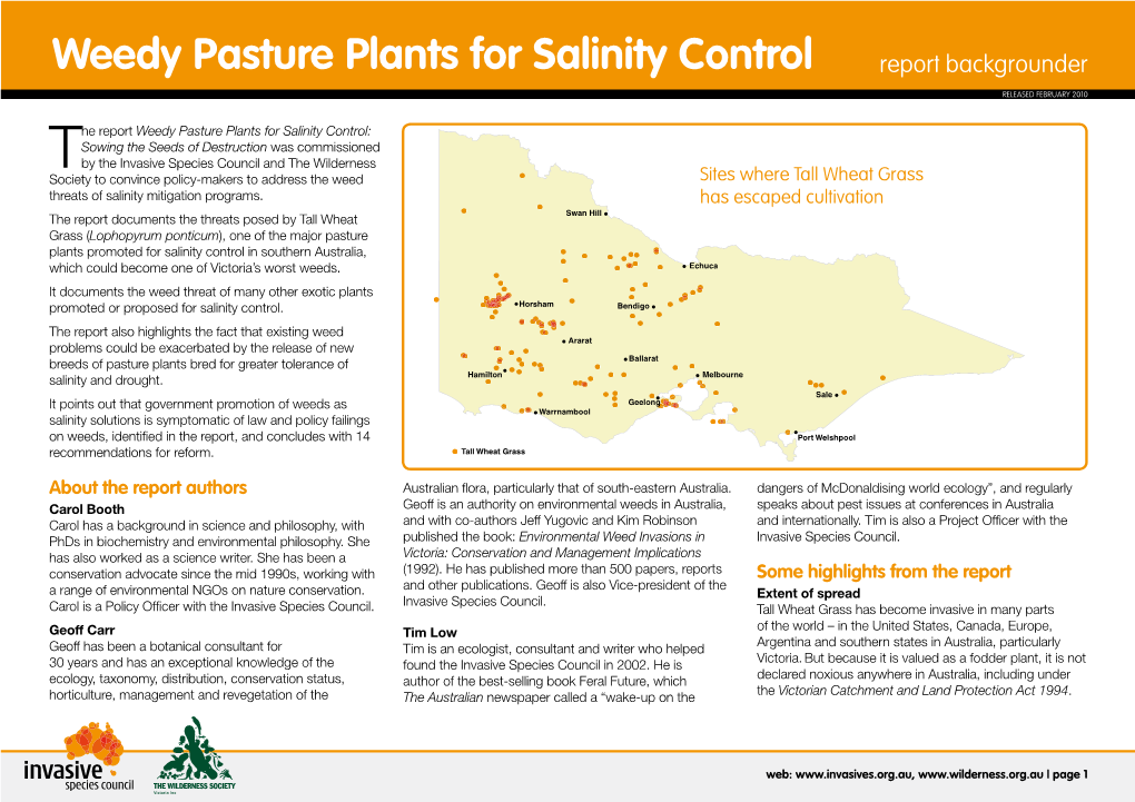 Weedy Pasture Plants for Salinity Control Report Backgrounder