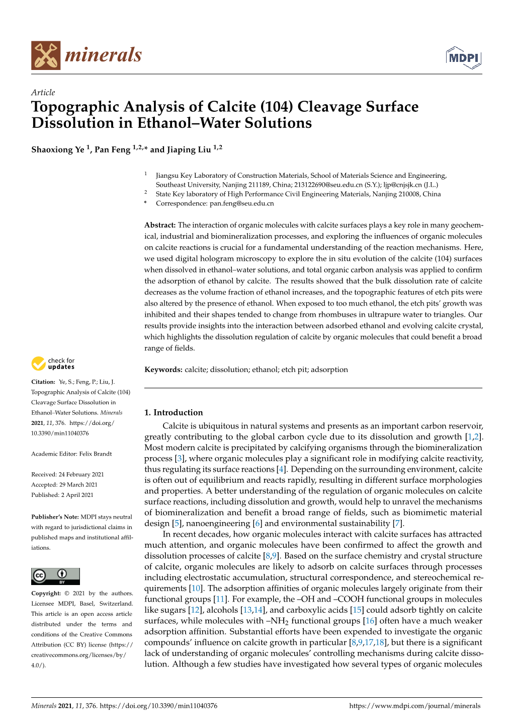 Topographic Analysis of Calcite (104) Cleavage Surface Dissolution in Ethanol–Water Solutions