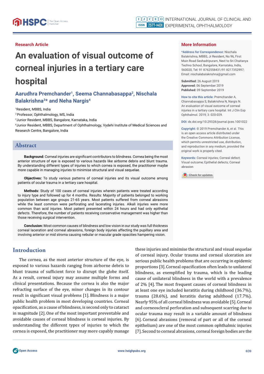 An Evaluation of Visual Outcome of Corneal Injuries in a Tertiary Care Hospital