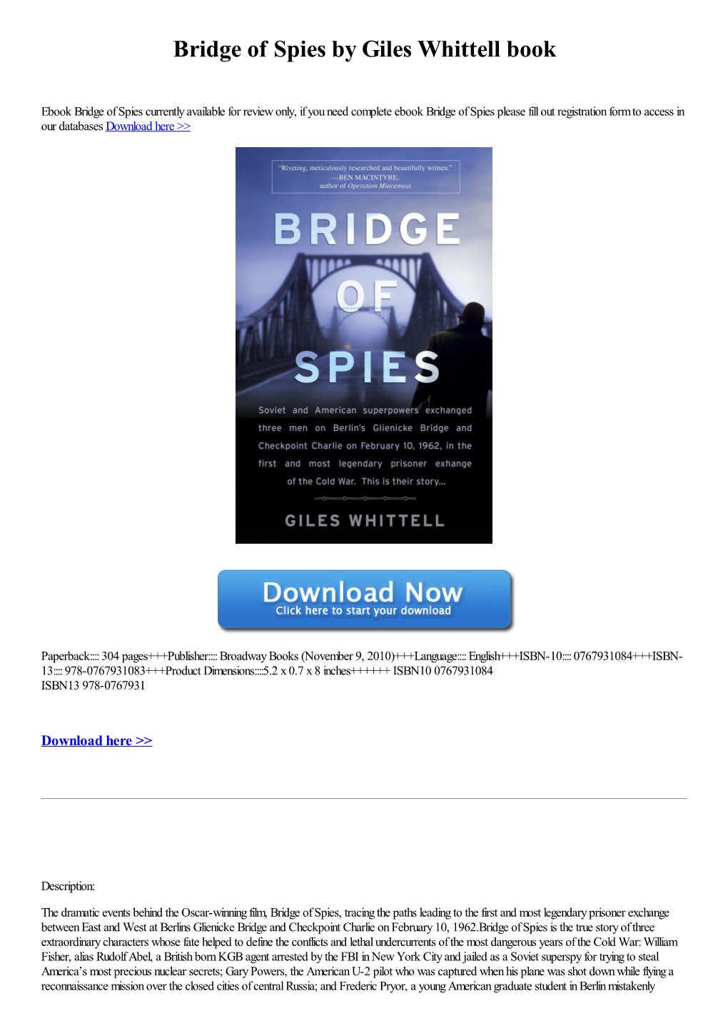 Bridge of Spies by Giles Whittell Book