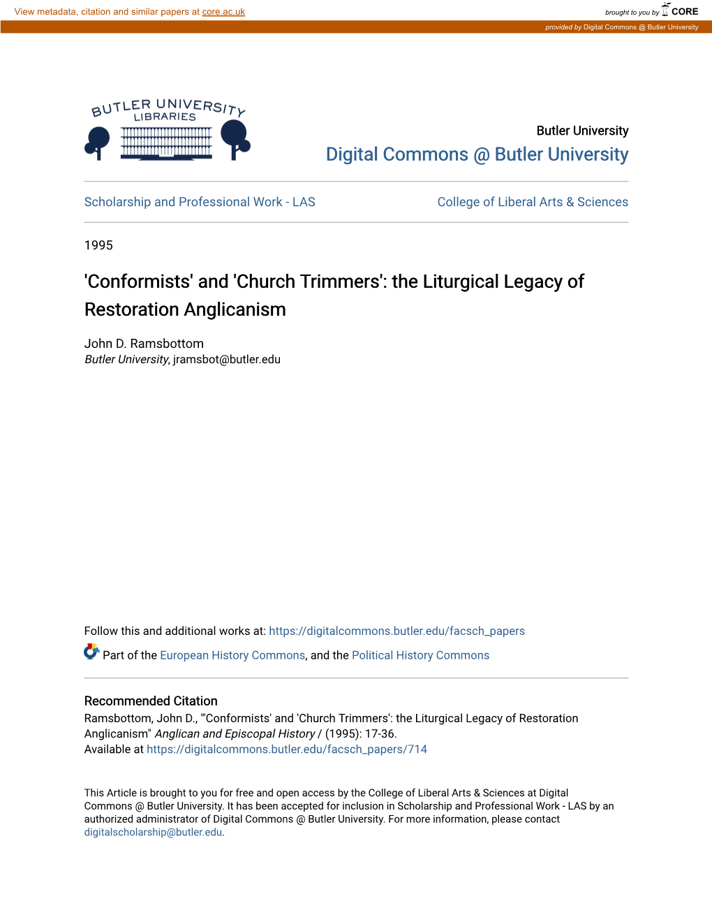And 'Church Trimmers': the Liturgical Legacy of Restoration Anglicanism