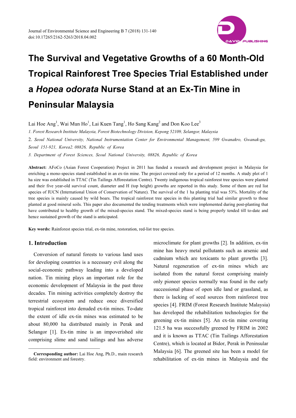 The Survival and Vegetative Growths of a 60 Month-Old Tropical