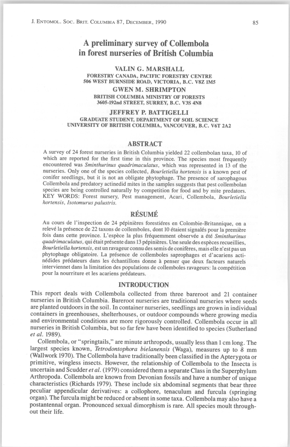 A Preliminary Survey of Collembola in Forest Nurseries of British Columbia