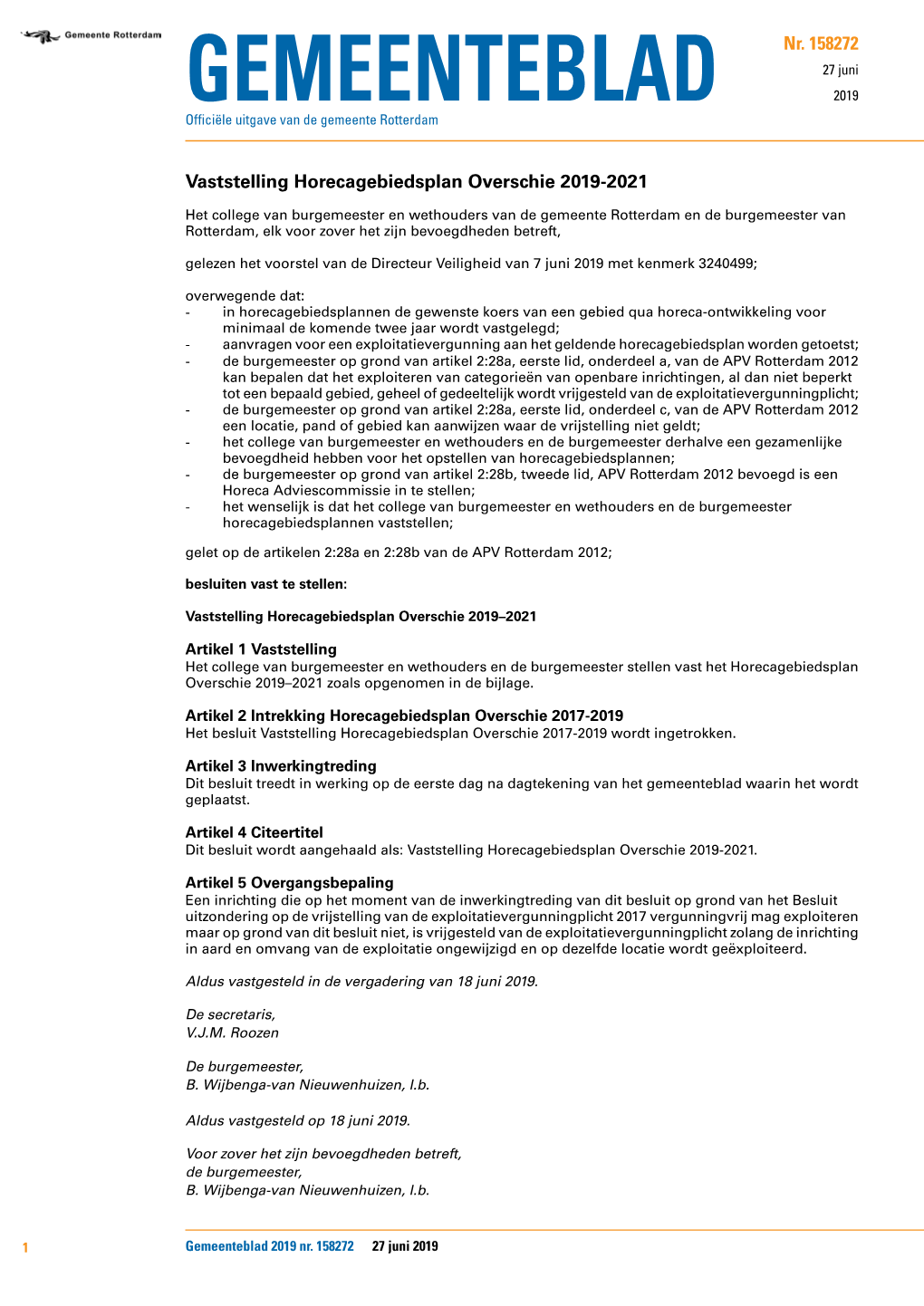 Vaststelling Horecagebiedsplan Overschie 2019-2021