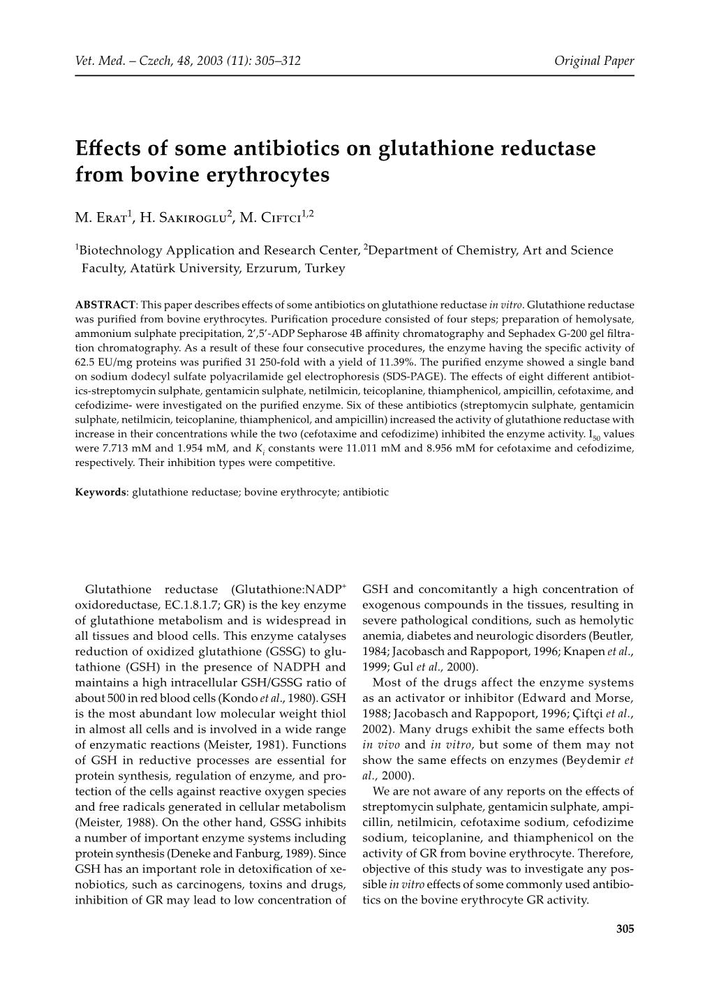 Effects of Some Antibiotics on Glutathione Reductase from Bovine Erythrocytes