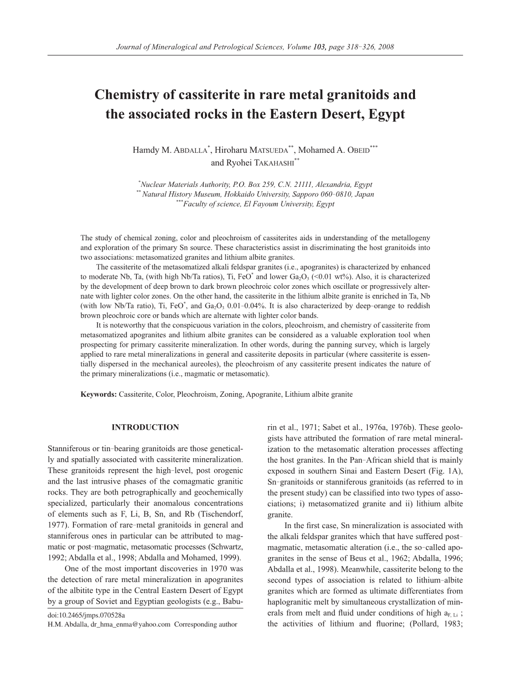 Chemistry of Cassiterite in Rare Metal Granitoids and the Associated Rocks in the Eastern Desert, Egypt