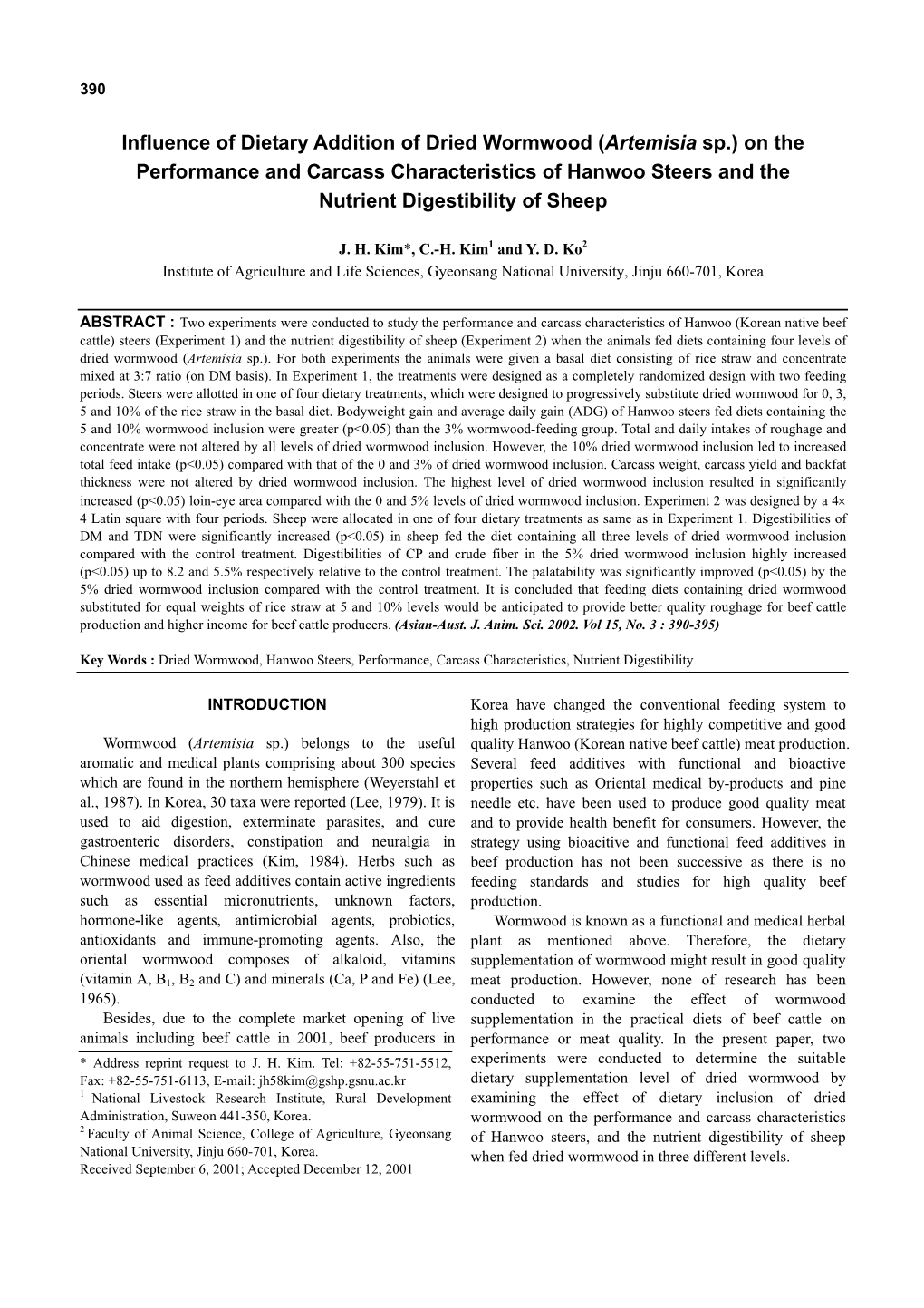 Influence of Dietary Addition of Dried Wormwood (Artemisia Sp.)