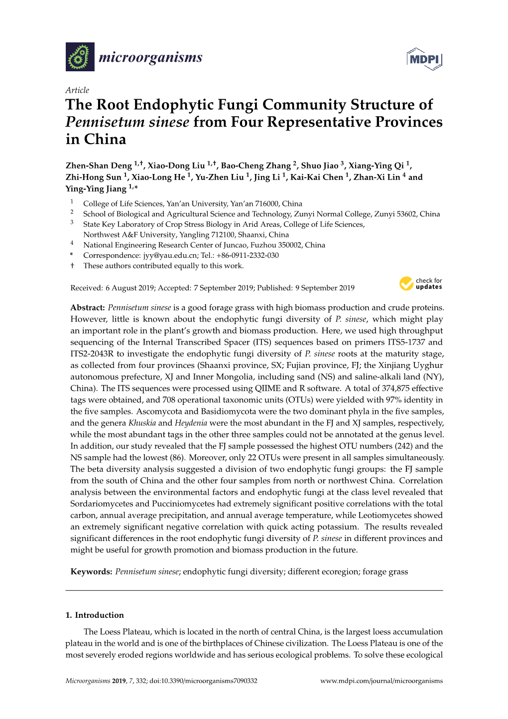 The Root Endophytic Fungi Community Structure of Pennisetum Sinese from Four Representative Provinces in China