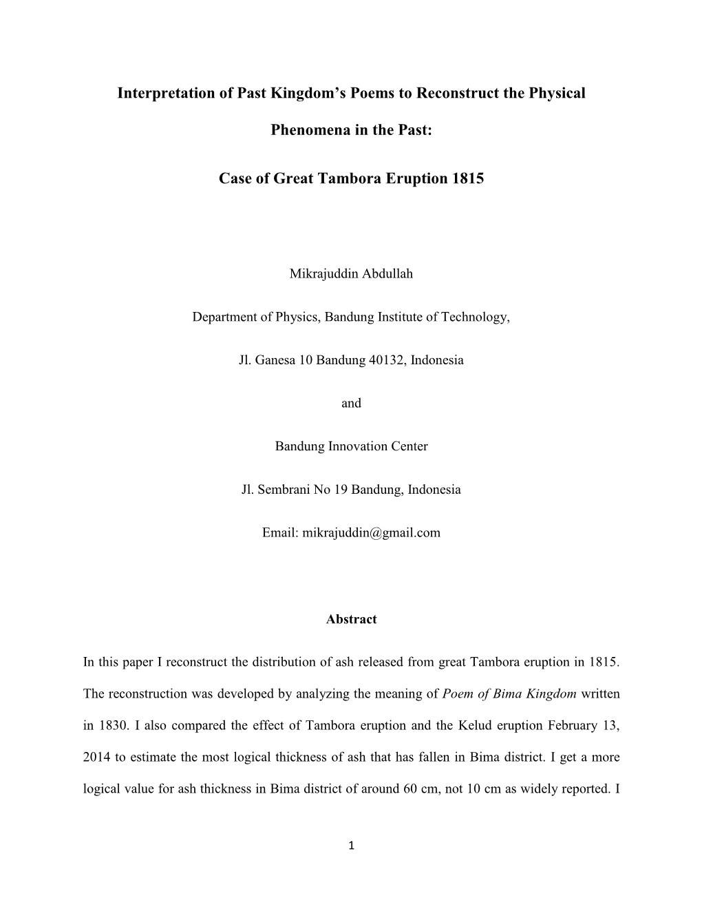 Case of Great Tambora Eruption 1815