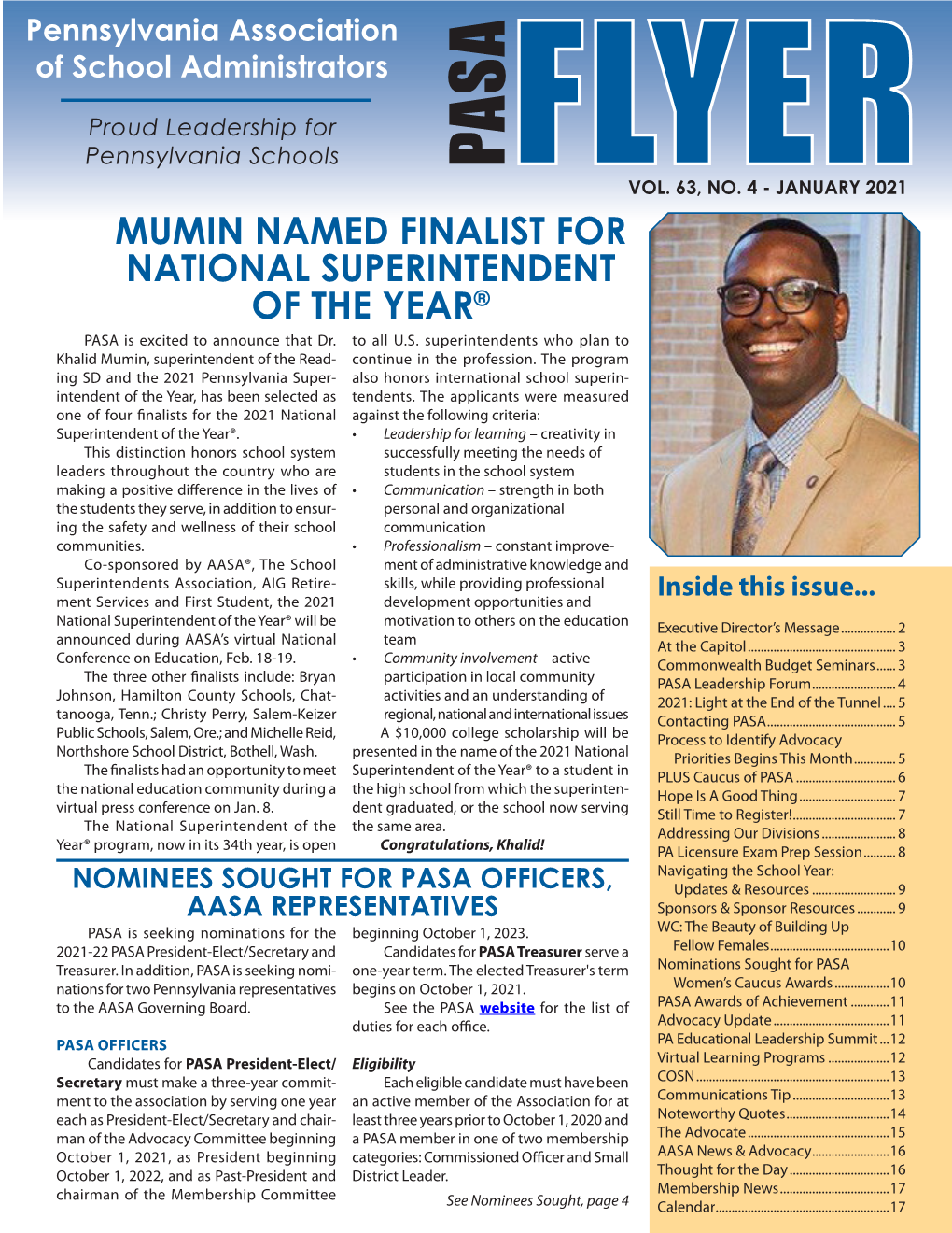 MUMIN NAMED FINALIST for NATIONAL SUPERINTENDENT of the YEAR® PASA Is Excited to Announce That Dr