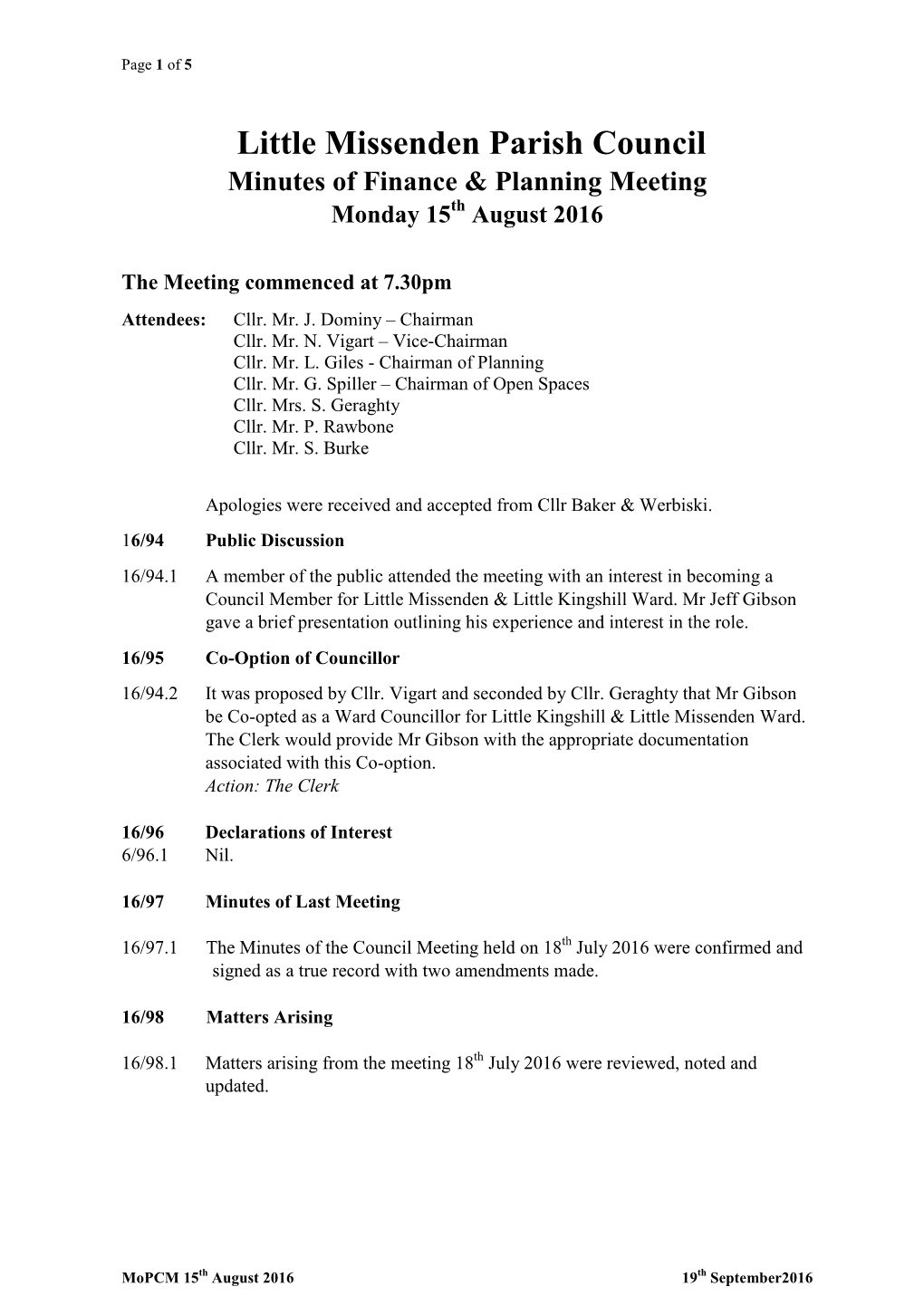 Little Missenden Parish Council Minutes of Finance & Planning