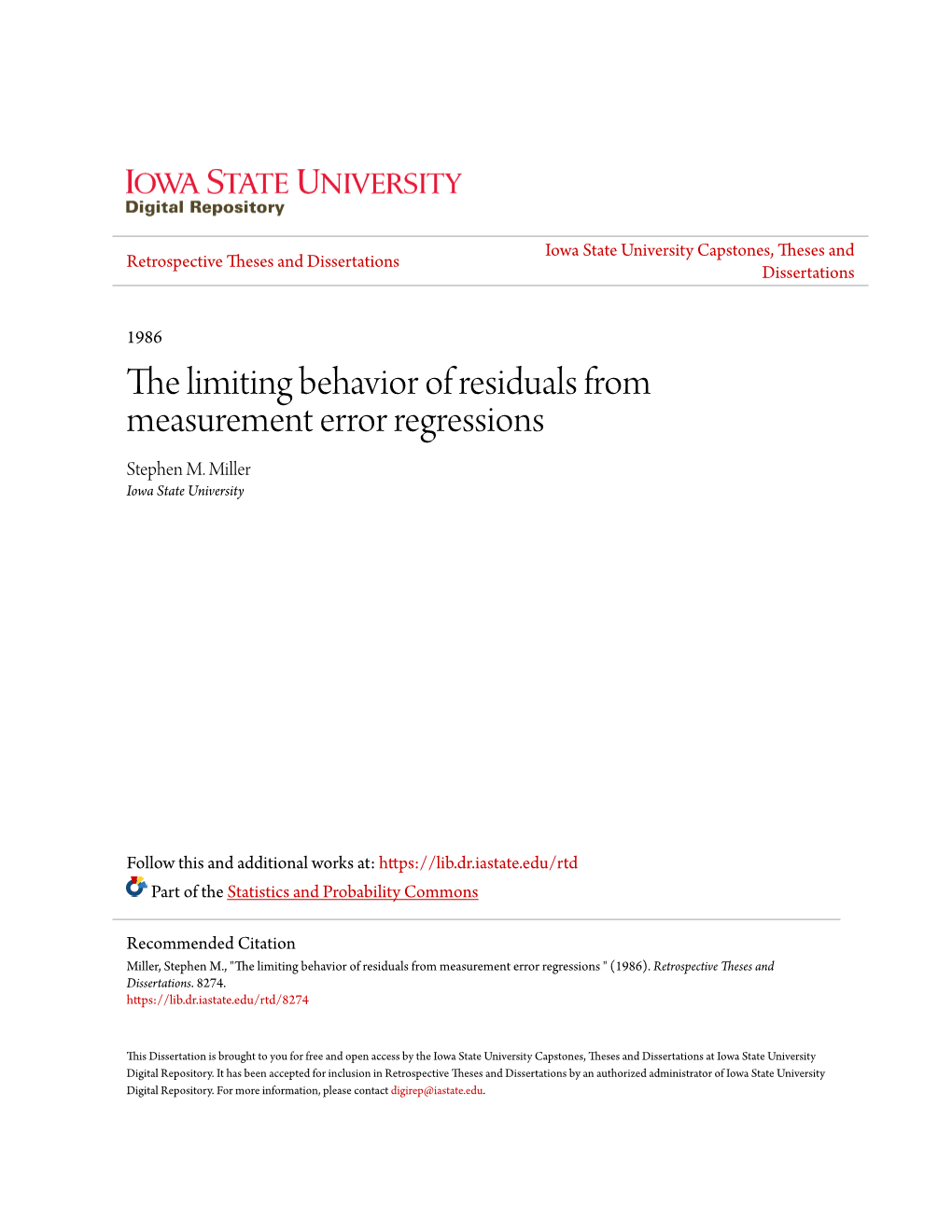 The Limiting Behavior of Residuals from Measurement Error Regressions Stephen M