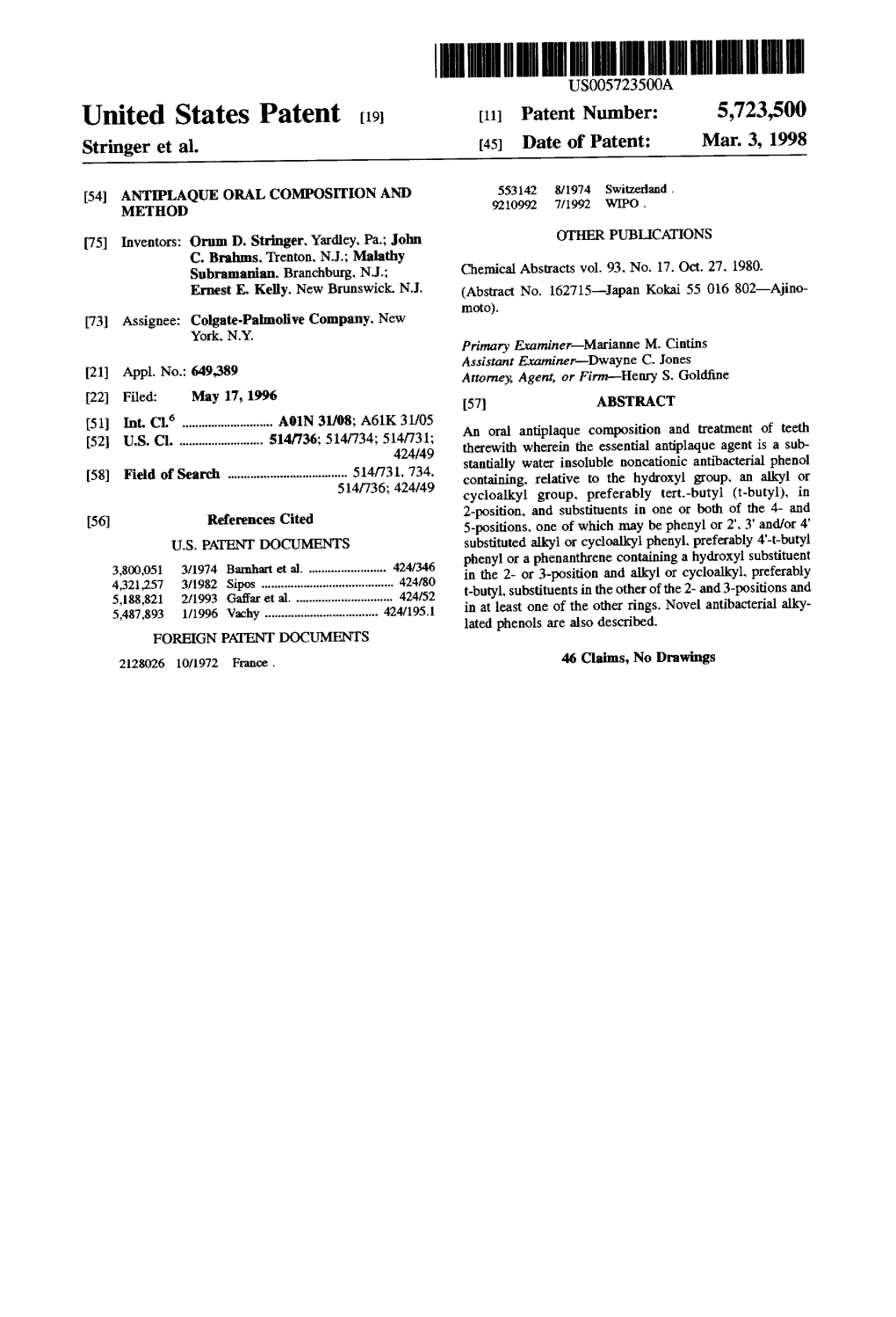 United States Patent (19) 11 Patent Number: 5,723,500 Stringer Et Al