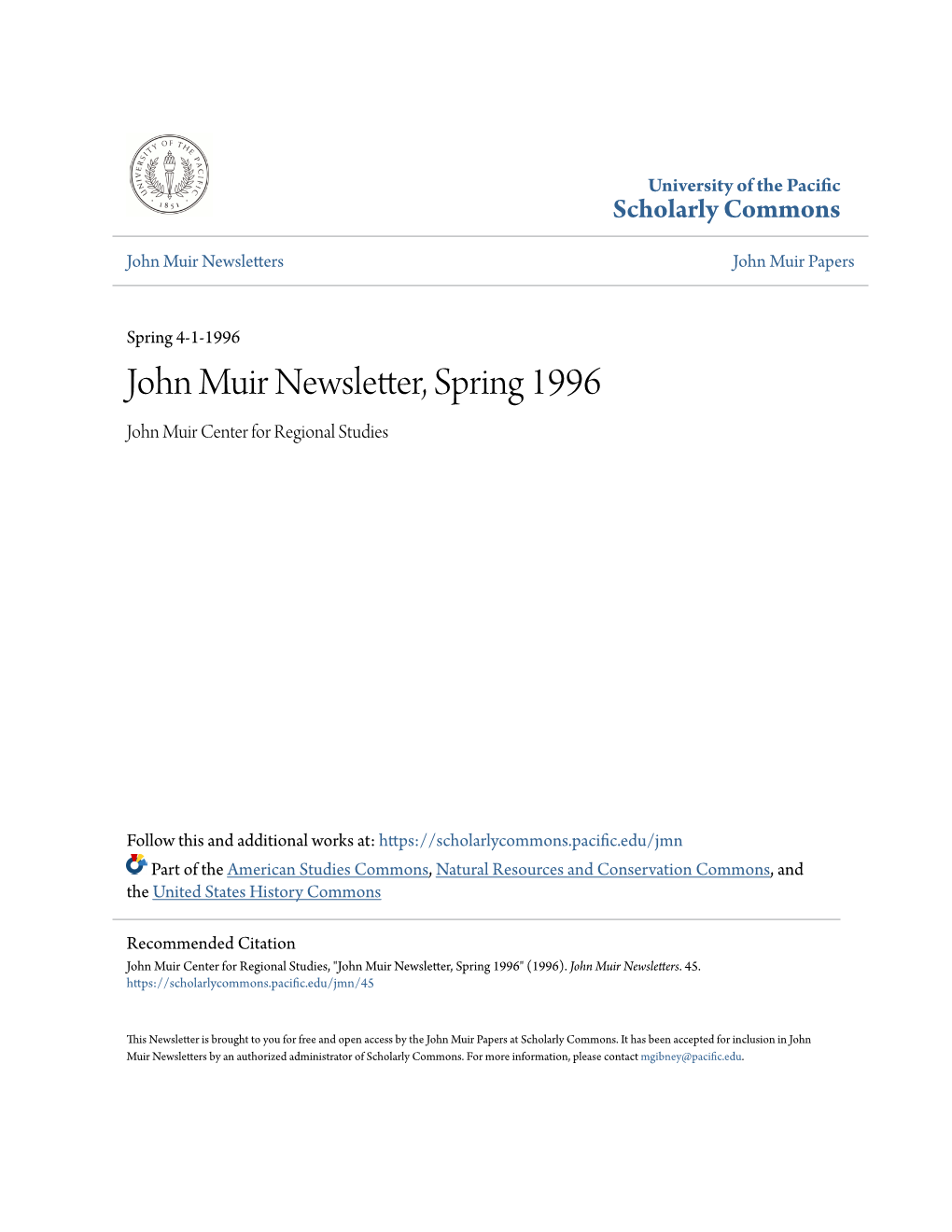 John Muir Newsletter, Spring 1996 John Muir Center for Regional Studies