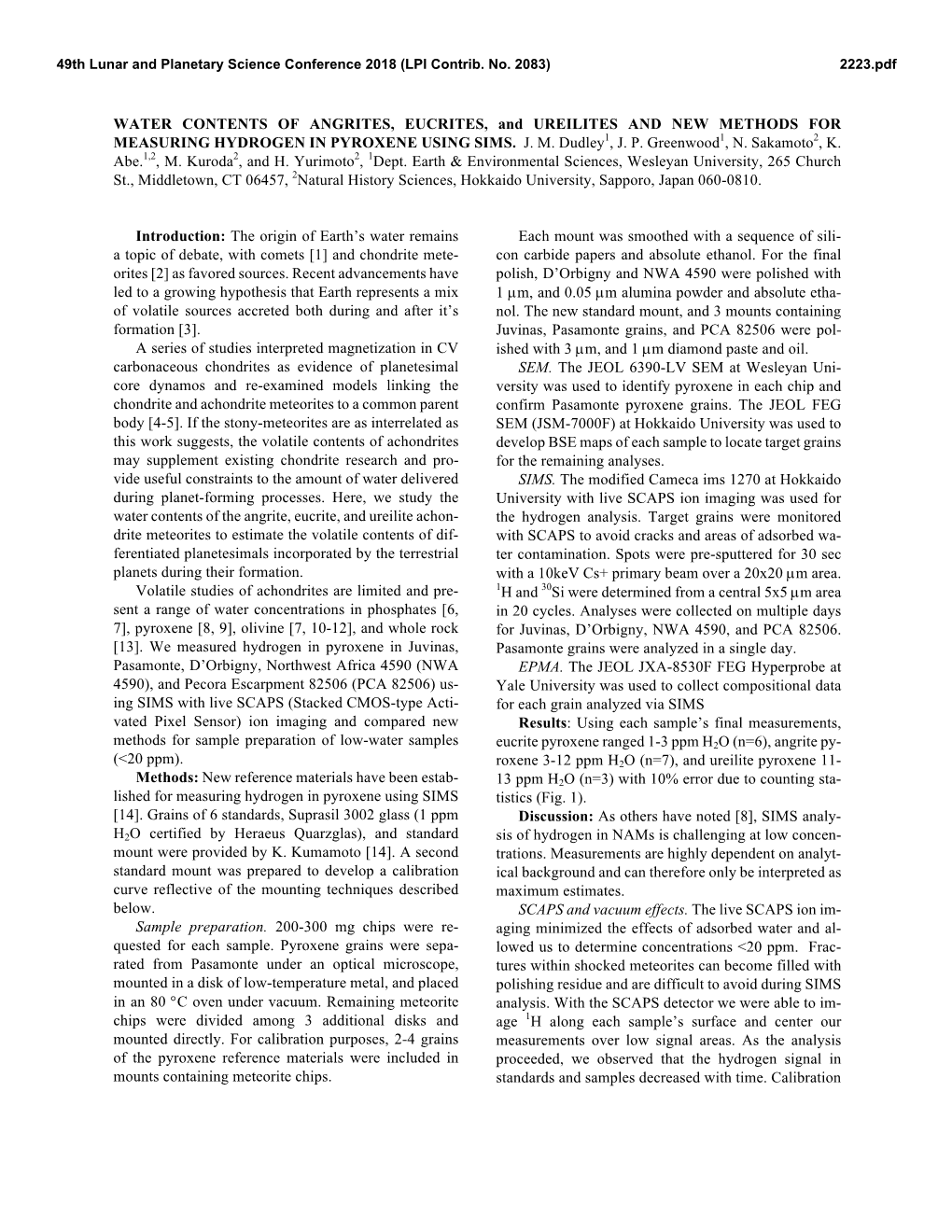 WATER CONTENTS of ANGRITES, EUCRITES, and UREILITES and NEW METHODS for MEASURING HYDROGEN in PYROXENE USING SIMS