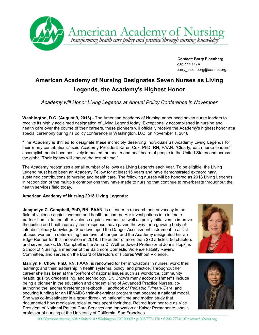 American Academy of Nursing Designates Seven Nurses As Living Legends, the Academy's Highest Honor