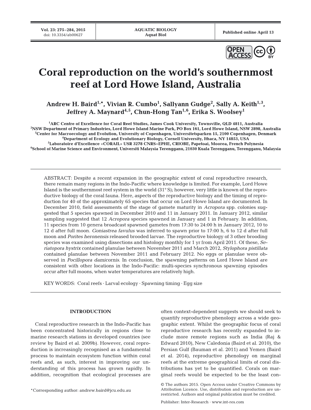 Coral Reproduction on the World's Southernmost Reef at Lord Howe