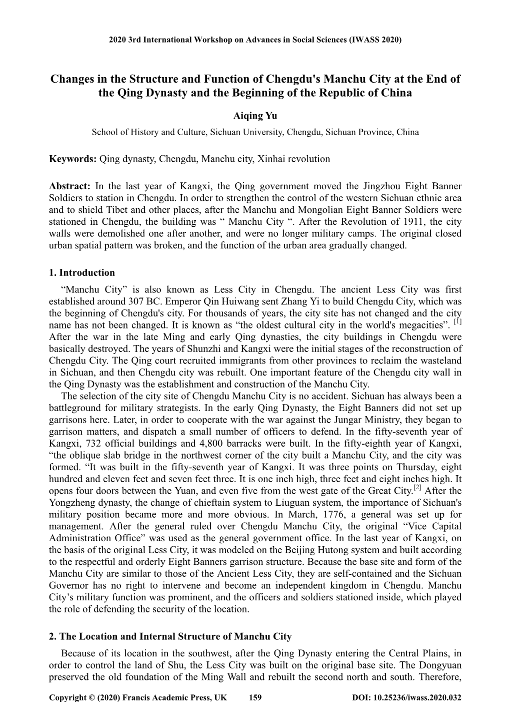 Changes in the Structure and Function of Chengdu's Manchu City at the End of the Qing Dynasty and the Beginning of the Republic of China