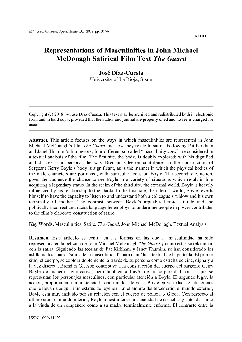 Representations of Masculinities in John Michael Mcdonagh Satirical Film Text the Guard