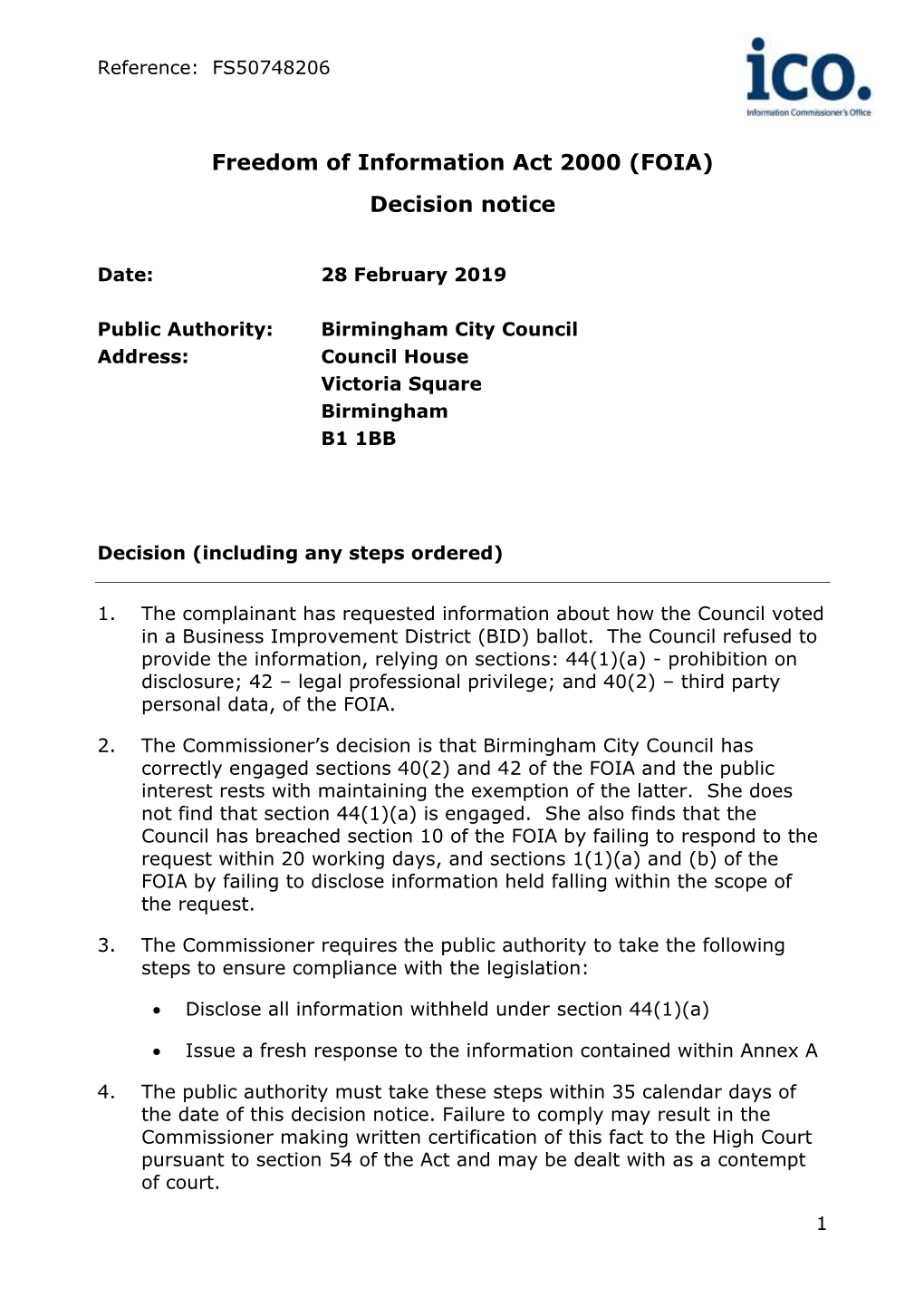 FOIA Decision Notice Template