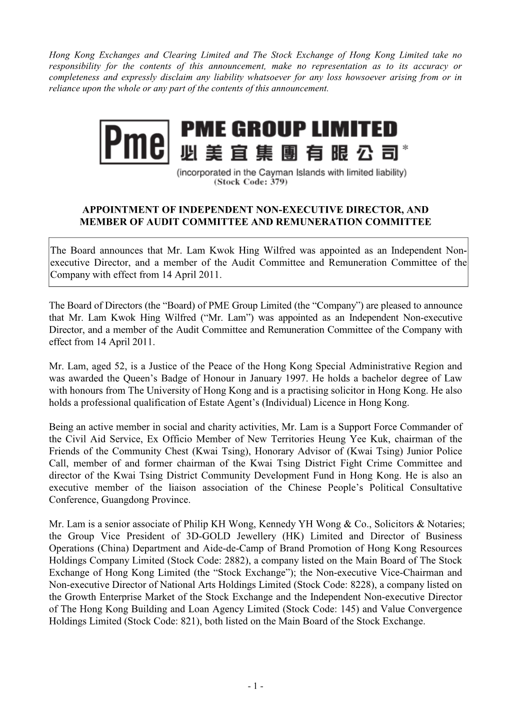 Appointment of Independent Non-Executive Director, and Member of Audit Committee and Remuneration Committee