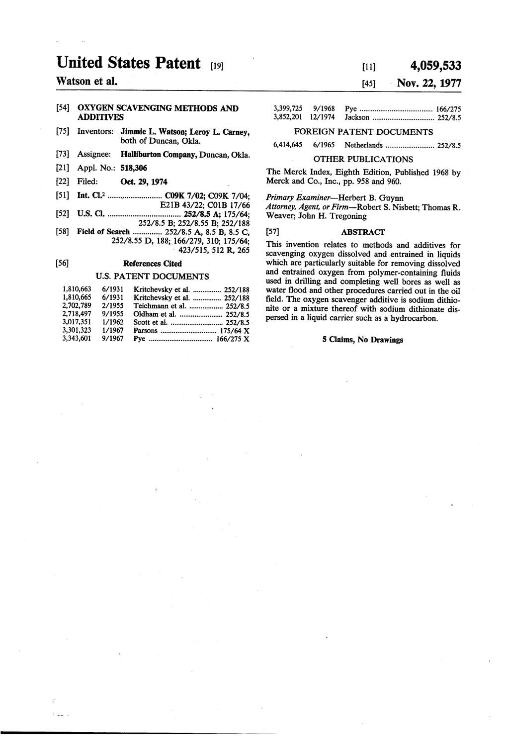 United States Patent (19. 11) 4,059,533 Watson Et Al