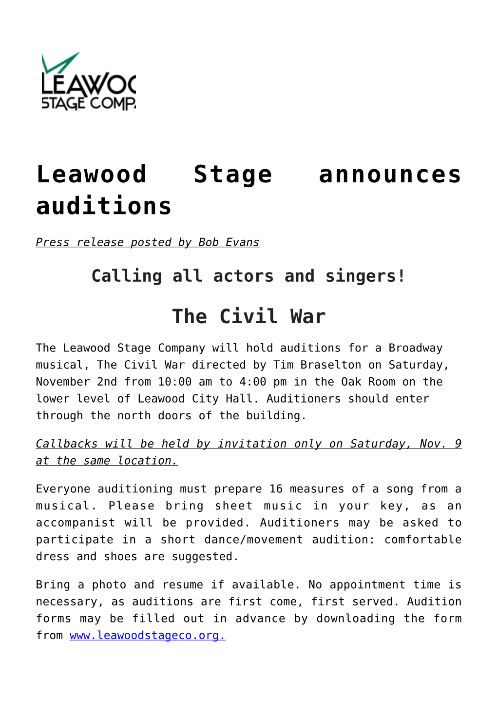 Leawood Stage Announces Auditions