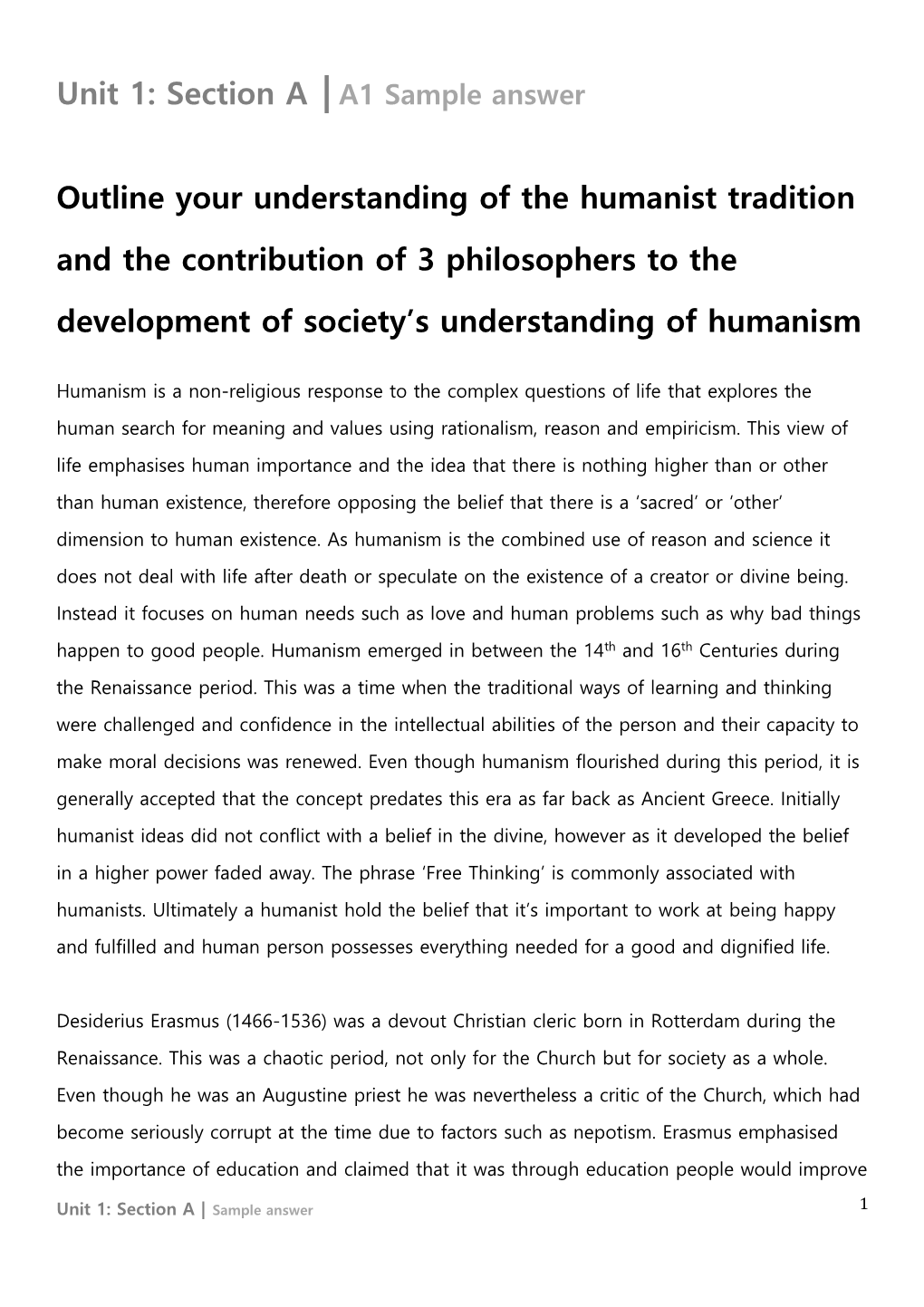 Section a |A1 Sample Answer Outline Your Understanding of the Humanist