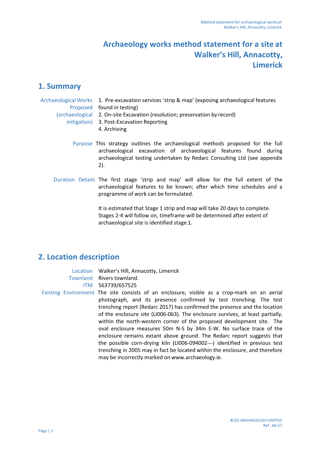 Archaeology Works Method Statement for a Site at Walker's Hill, Annacotty