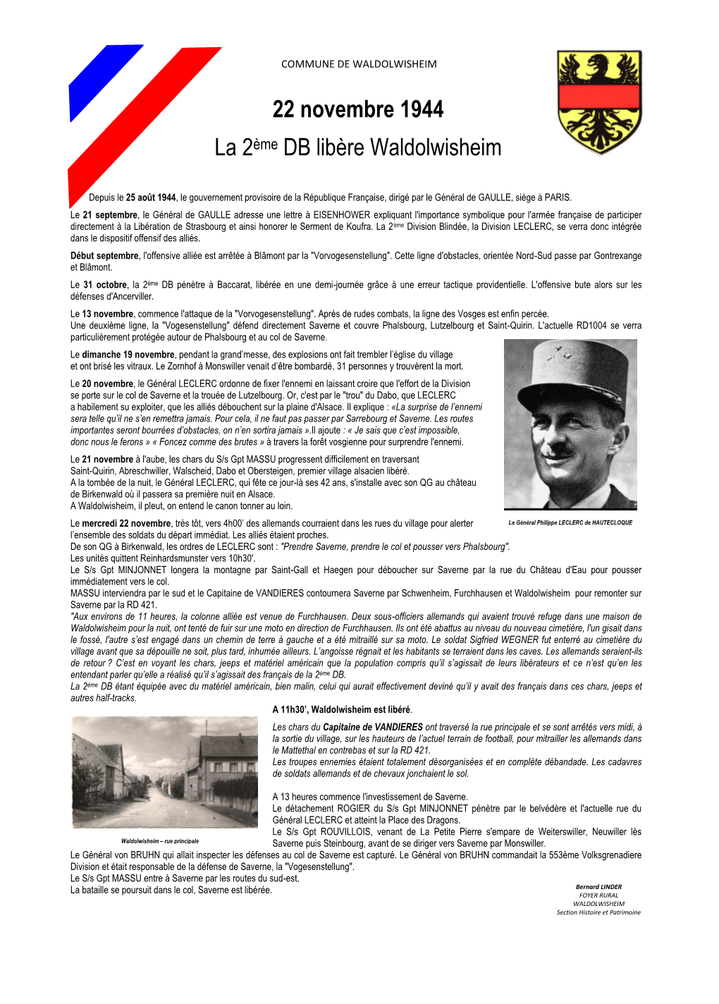 22 Novembre 1944 La 2Ème DB Libère Waldolwisheim