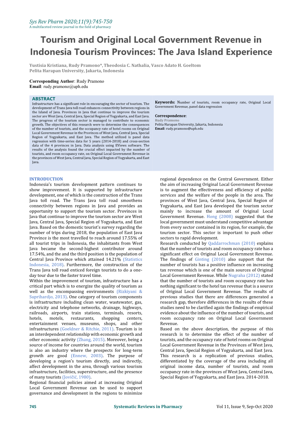 Tourism and Original Local Government Revenue in Indonesia Tourism Provinces: the Java Island Experience