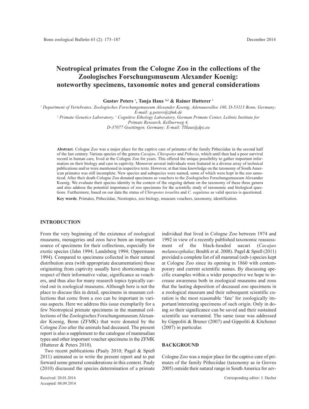 Neotropical Primates from the Cologne Zoo in the Collections of The