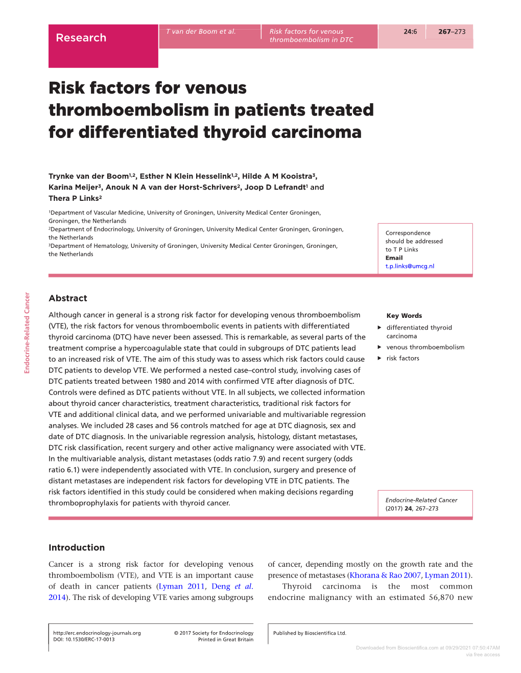 Risk Factors for Venous Thromboembolism in Patients Treated for Differentiated Thyroid Carcinoma