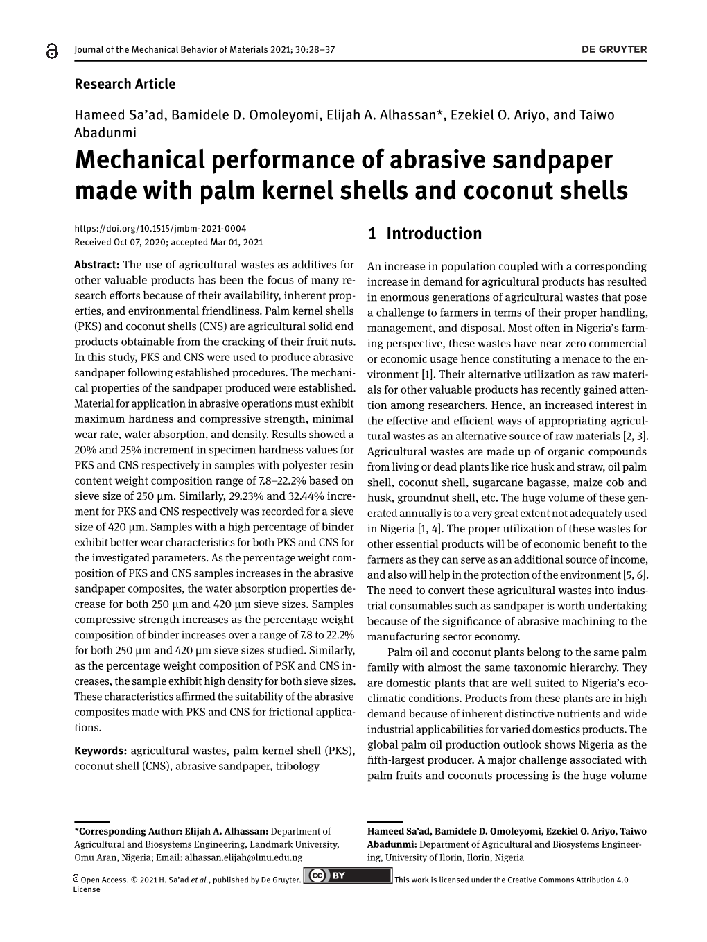 Mechanical Performance of Abrasive Sandpaper Made with Palm Kernel