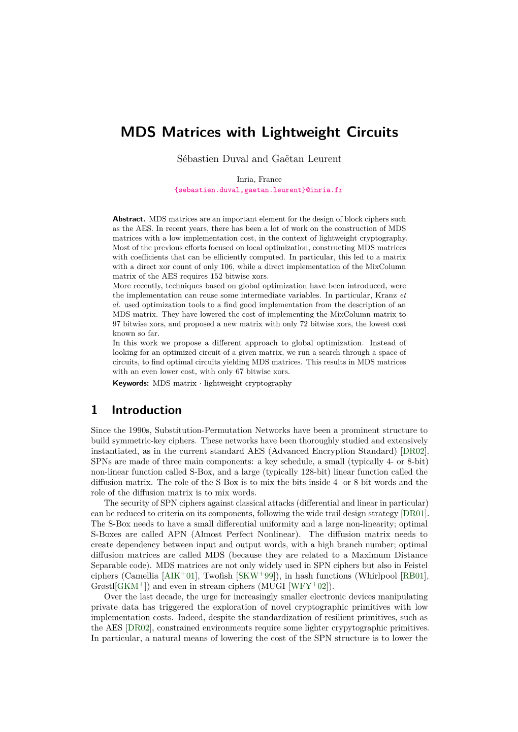 MDS Matrices with Lightweight Circuits