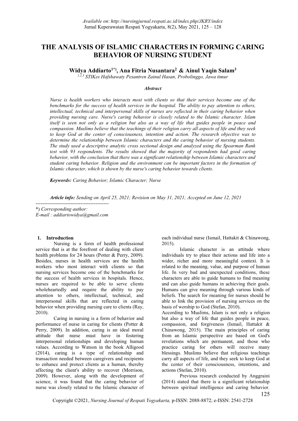 The Analysis of Islamic Characters in Forming Caring Behavior of Nursing Student