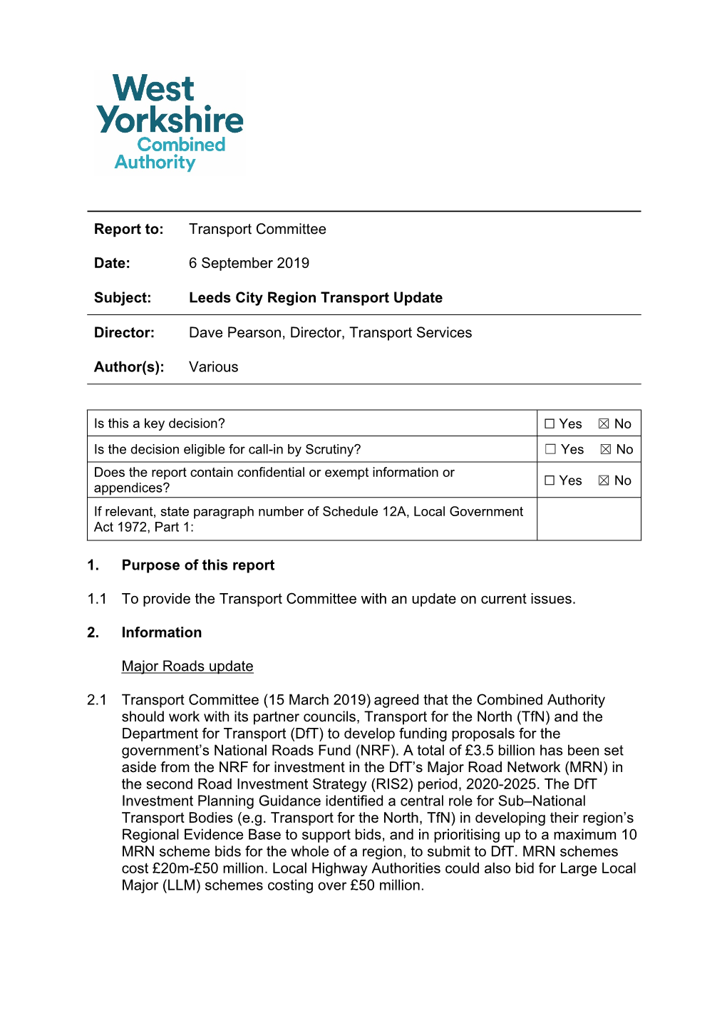 6 September 2019 Subject: Leeds City Region Transport Update Director
