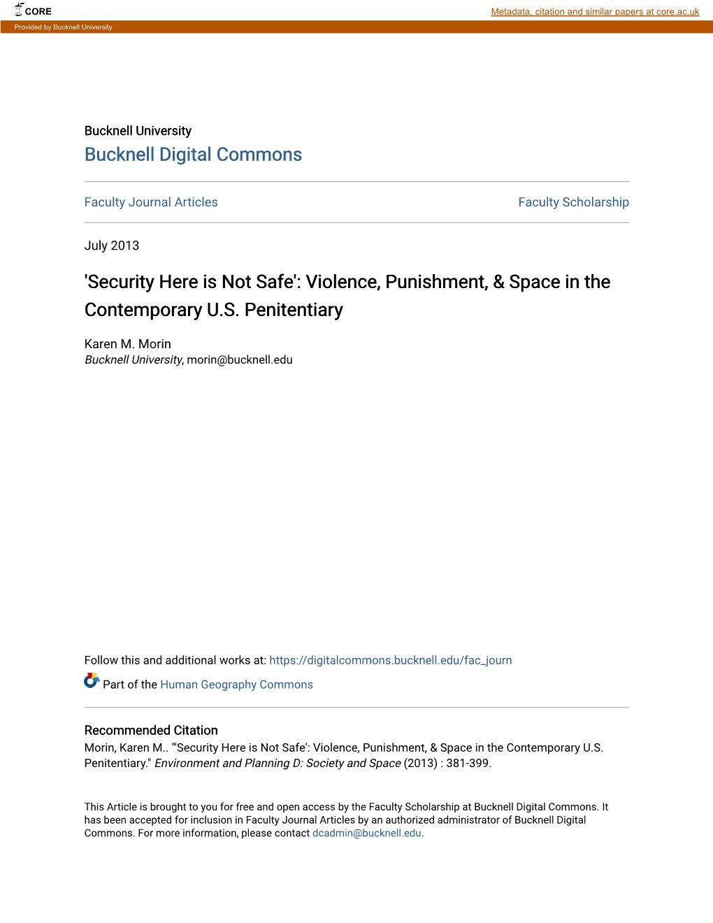 Violence, Punishment, & Space in the Contemporary US