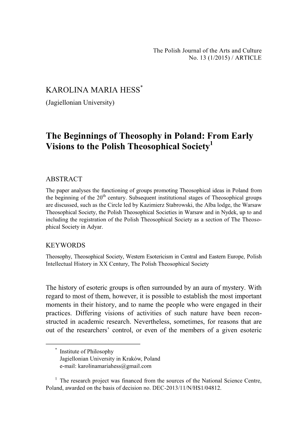 The Beginnings of Theosophy in Poland: from Early Visions to the Polish Theosophical Society1