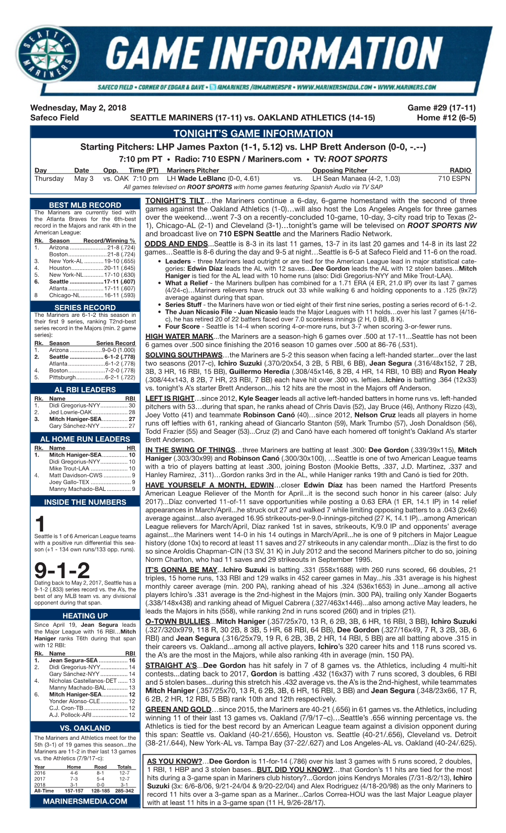 05-02-2018 Mariners Game Notes