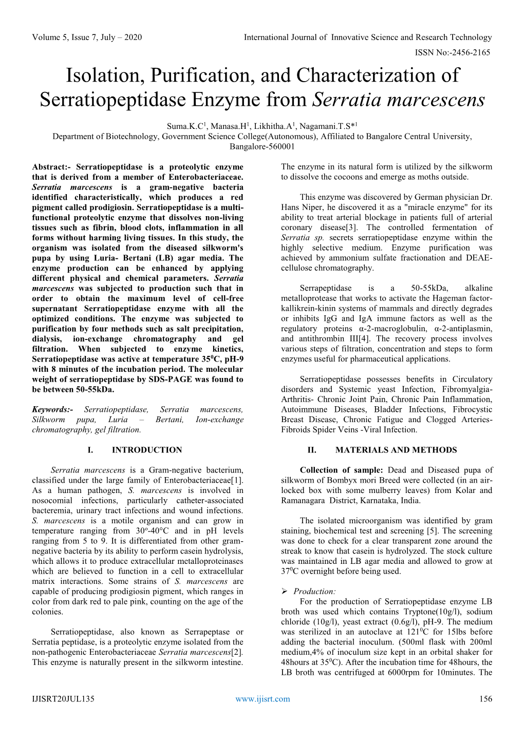 Isolation, Purification, and Characterization of Serratiopeptidase Enzyme from Serratia Marcescens