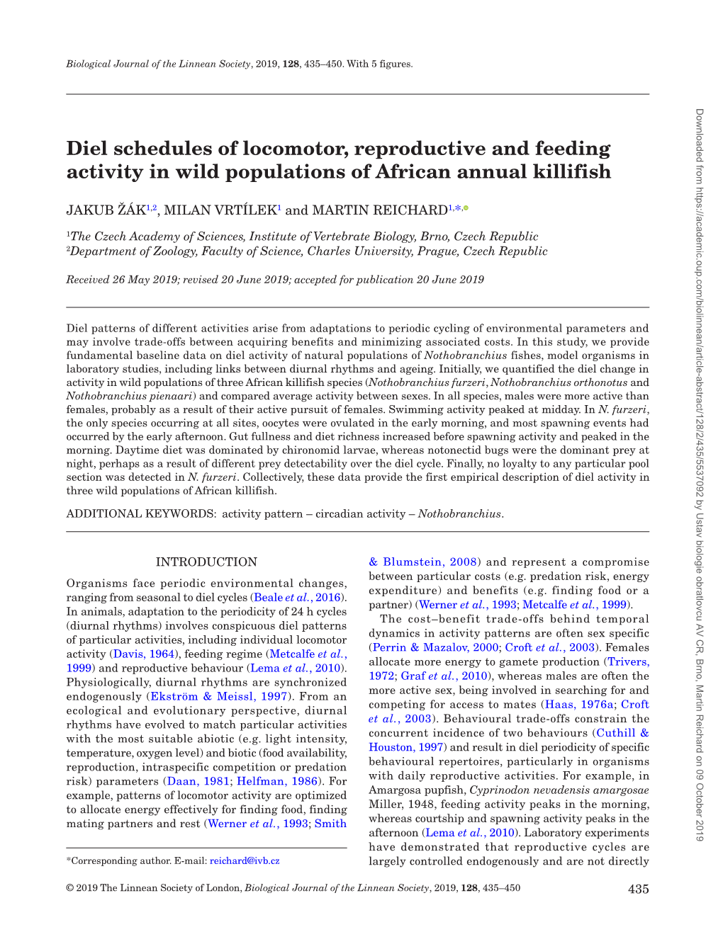 Diel Schedules of Locomotor, Reproductive and Feeding Activity in Wild Populations of African Annual Killifish