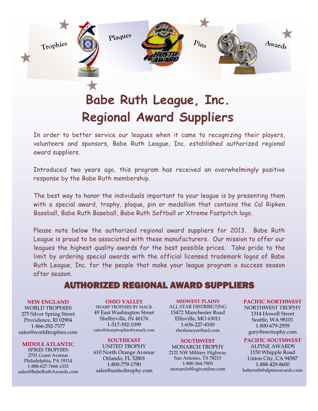 Babe Ruth League, Inc. Regional Award Suppliers