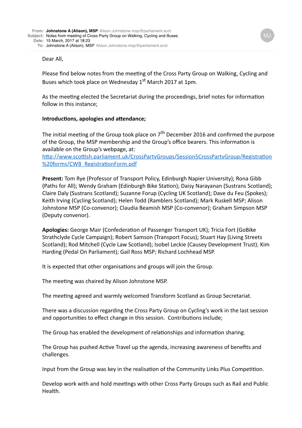 Notes from Meeting of Cross Party Group on Walking, Cycling and Buses Date: 15 March, 2017 at 18:23 To: Johnstone a (Alison), MSP Alison.Johnstone.Msp@Parliament.Scot