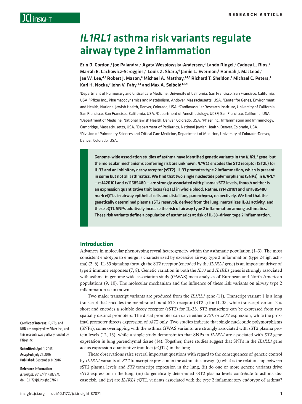 IL1RL1 Asthma Risk Variants Regulate Airway Type 2 Inflammation