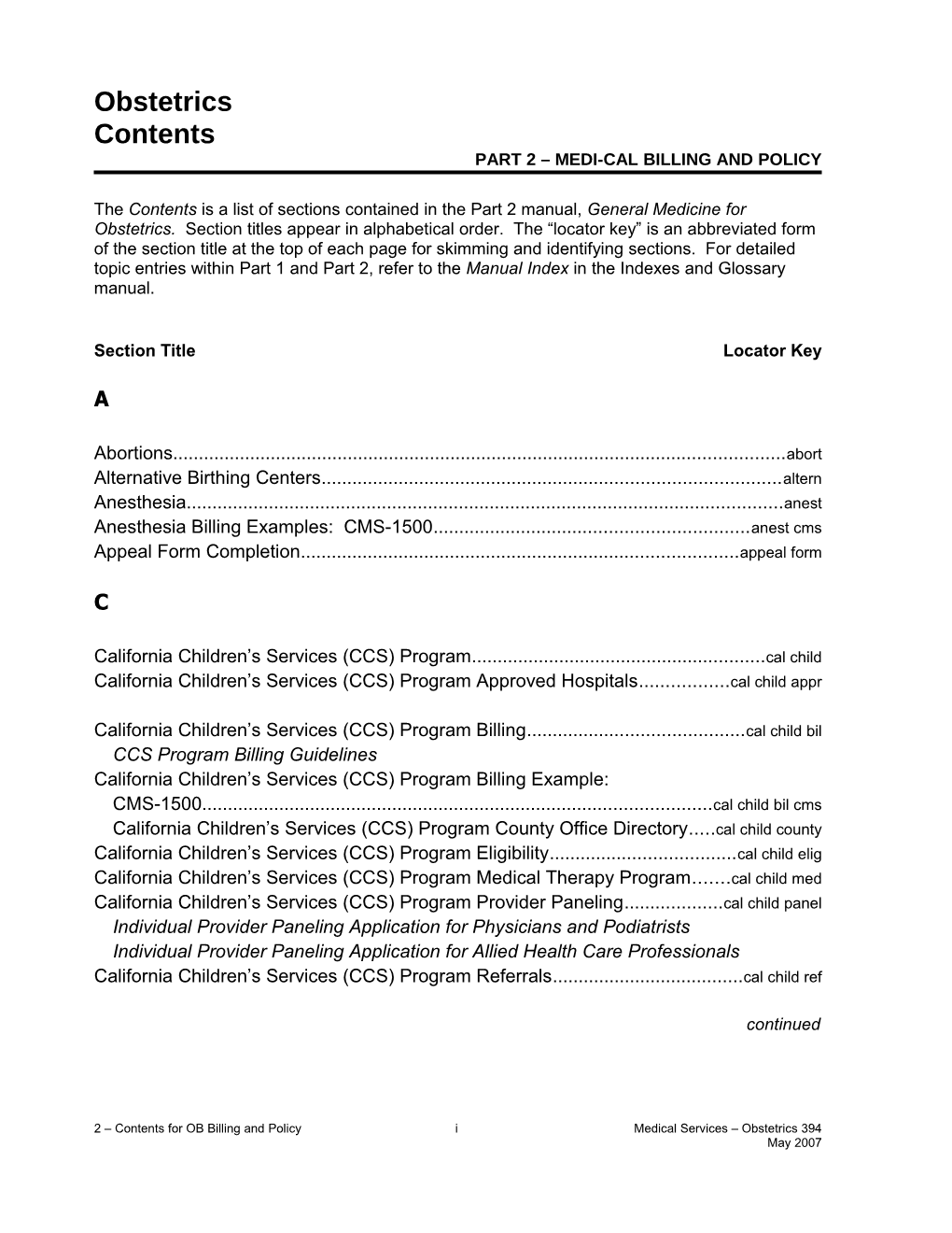 Contents (Part 2 Medi-Cal Billing and Policy): Obstetrics (OB) (2Toc Ob)